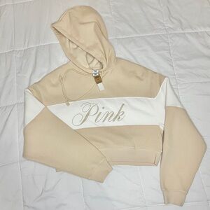 PINK Victoria's Secret Beige and White Cropped Hoodie